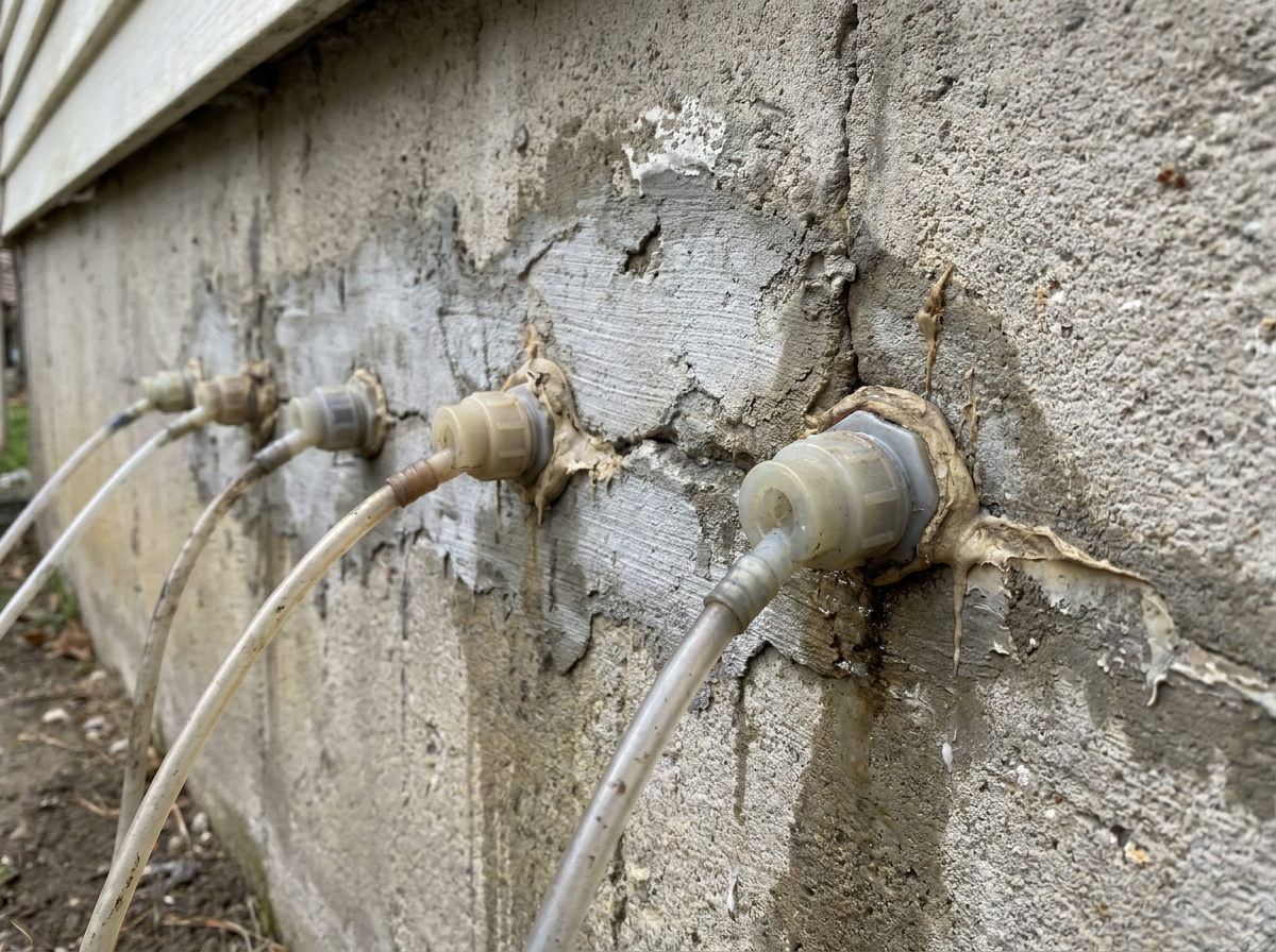 Polyurethane injection ports installed along a foundation crack