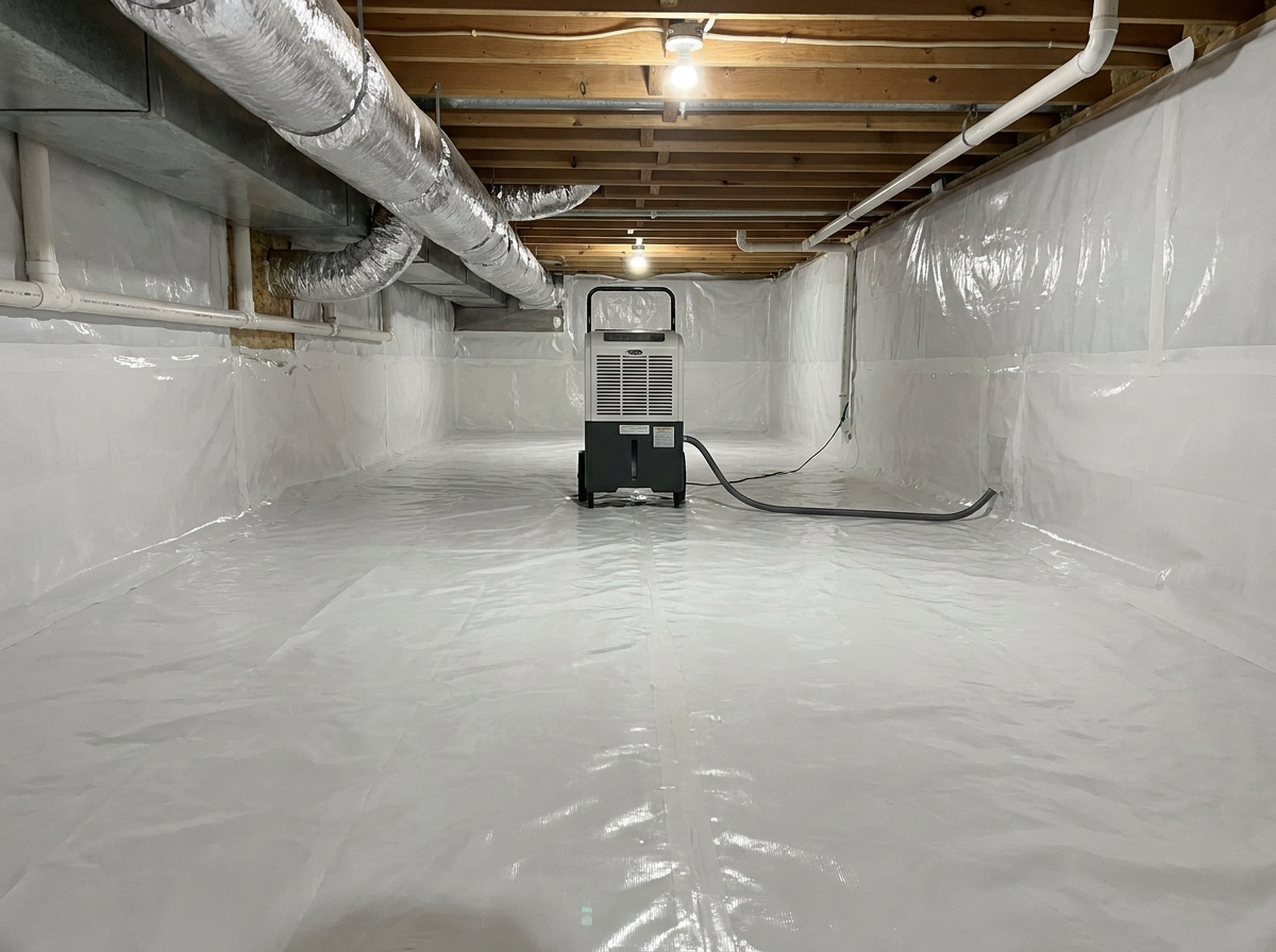 Completed bright, sealed crawl space with dehumidifier installed
