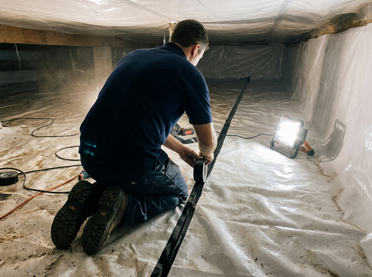 Vapor barrier seams being taped and sealed in crawl space