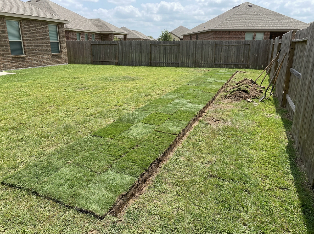 Finished yard with French drain trench backfilled and re-sodded