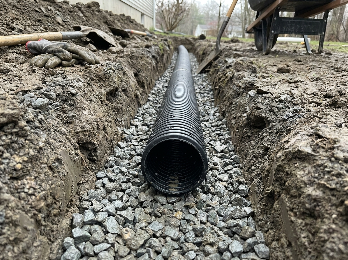 Perforated drain pipe being laid in gravel-lined trench