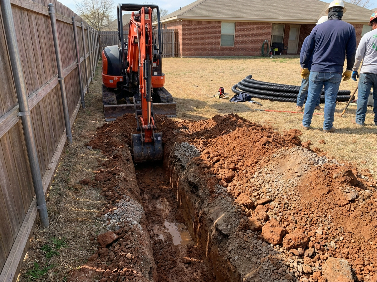 Trench being dug for French drain installation along yard