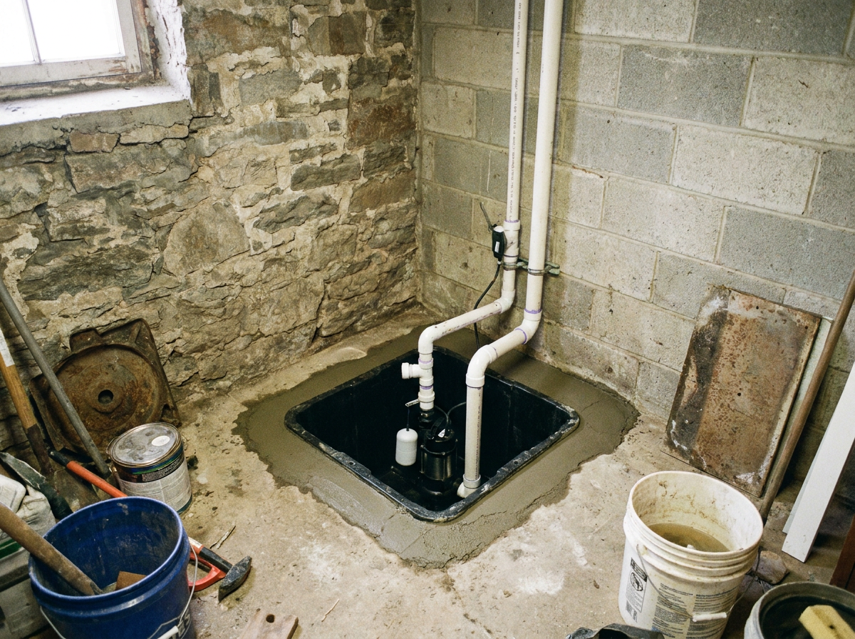 New sump pump and basin installed in basement corner