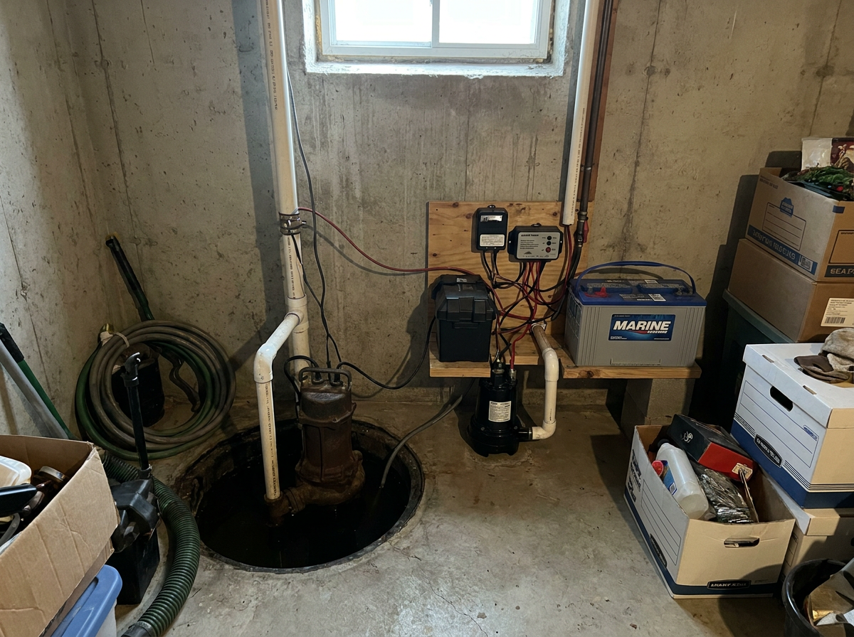 Battery backup sump pump system installed beside primary pump