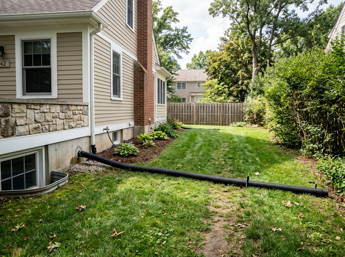 Discharge line routed away from foundation after sump pump install