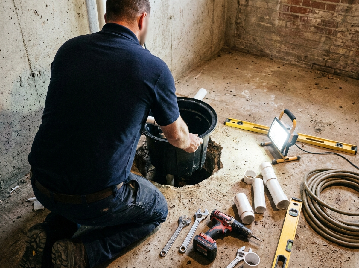 Sump pump basin being installed in basement floor